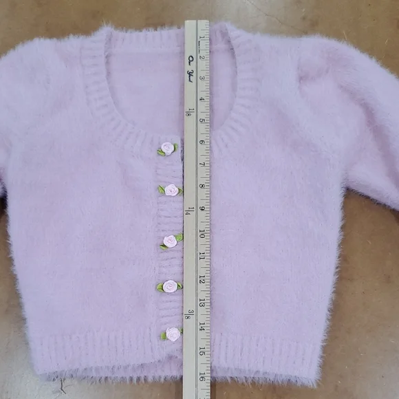 Fuzzy knit Pink cropped cardigan Sweater Sz S Cottage core 90s inspired - Picture 6 of 16